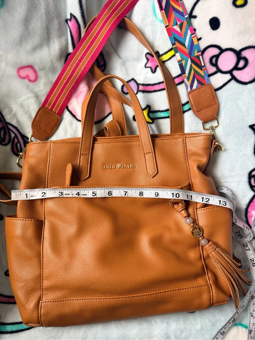 Lily & Jade Tan Leather Tote with Tassel and Colorful Strap